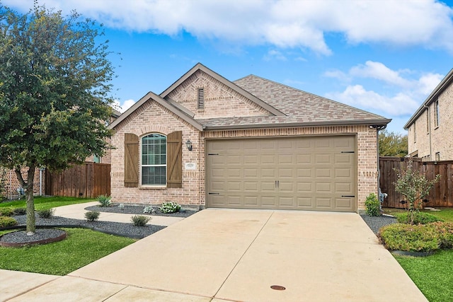 view of front of home featuring brick siding, a shingled roof, concrete driveway, an attached garage, and fence