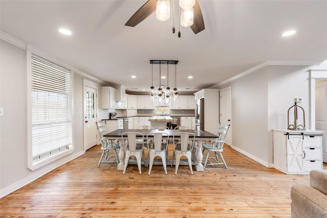 3147 US Highway 67, Sulphur Springs, TX 75482 - dining room featuring ornamental molding, ceiling fan, light wood-type flooring, baseboards, and recessed lighting