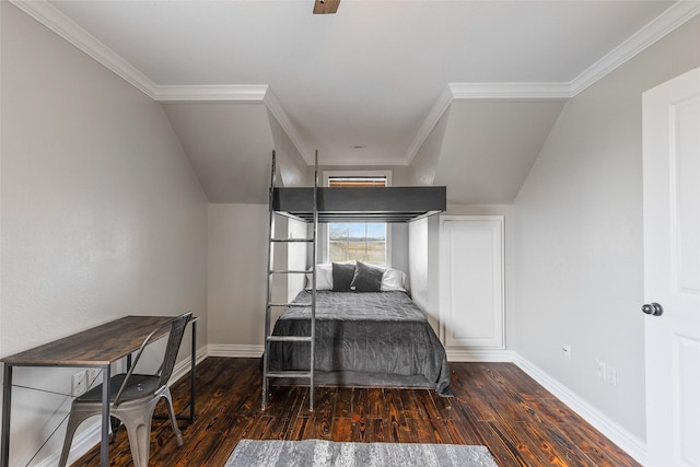 bedroom featuring dark wood-style floors, crown molding, and baseboards