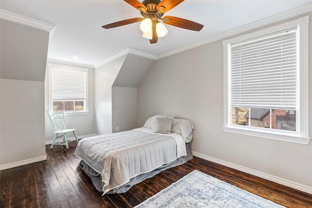 bedroom featuring crown molding, multiple windows, dark wood-style flooring, and baseboards