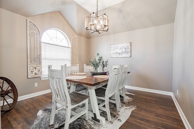 dining area with lofted ceiling, baseboards, and wood finished floors