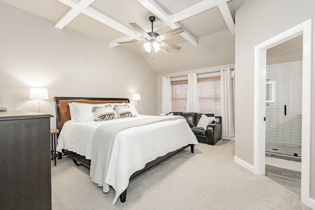 bedroom featuring baseboards, coffered ceiling, a ceiling fan, ensuite bathroom, and carpet