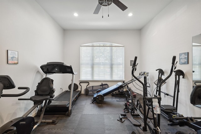 exercise room featuring recessed lighting and ceiling fan
