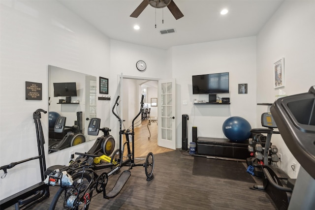workout room featuring ceiling fan, french doors, recessed lighting, wood finished floors, and visible vents