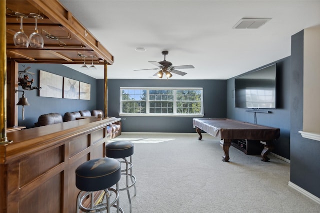 rec room with visible vents, baseboards, carpet, and pool table