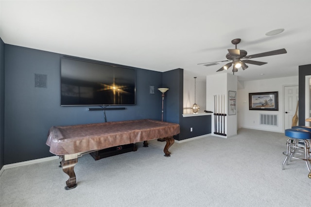 game room with carpet flooring, a ceiling fan, baseboards, billiards, and visible vents