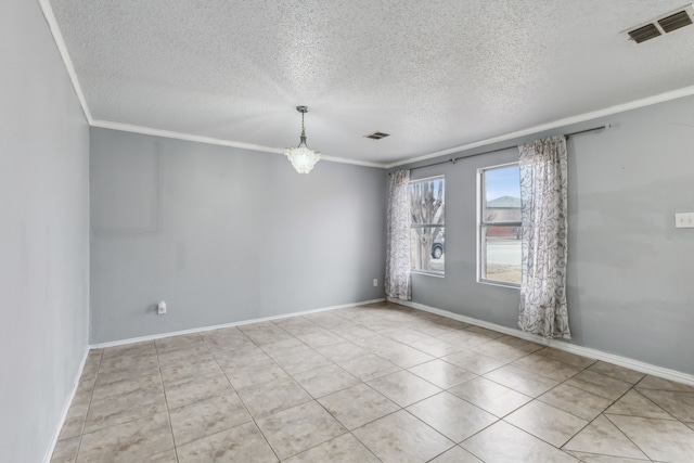 unfurnished room featuring visible vents, crown molding, a textured ceiling, and baseboards