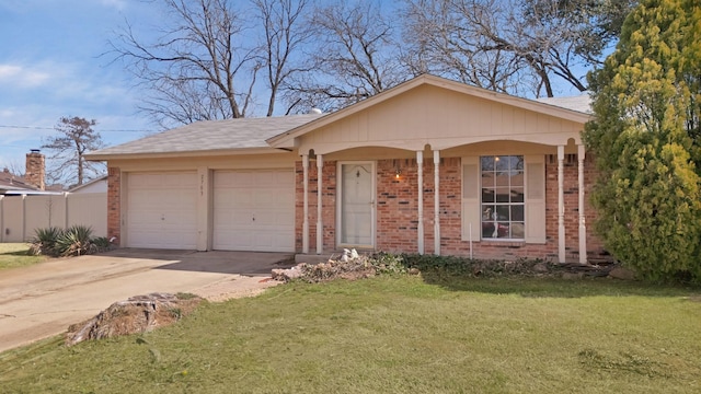 ranch-style home with an attached garage, brick siding, fence, driveway, and a front yard