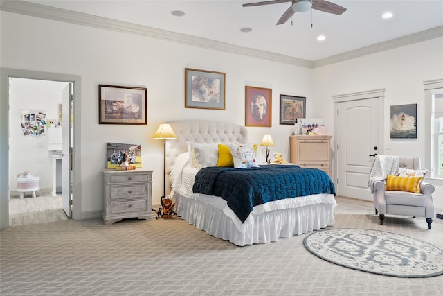 bedroom featuring light carpet, ceiling fan, ornamental molding, and recessed lighting