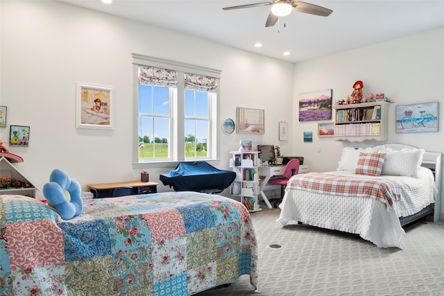 bedroom featuring carpet floors, recessed lighting, and ceiling fan