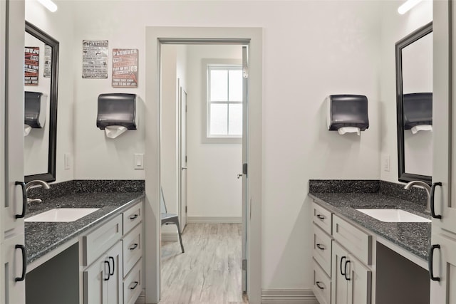 bathroom with two vanities, a sink, and wood finished floors