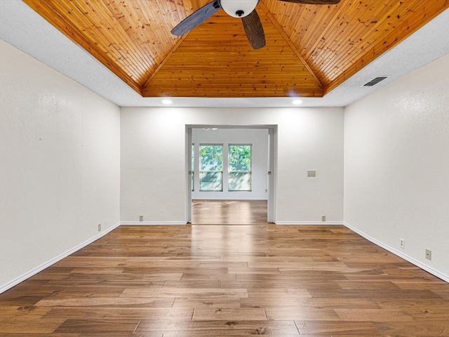 unfurnished room with wooden ceiling, visible vents, ceiling fan, and wood finished floors