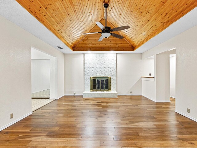 unfurnished living room with visible vents, a ceiling fan, wooden ceiling, wood finished floors, and a fireplace