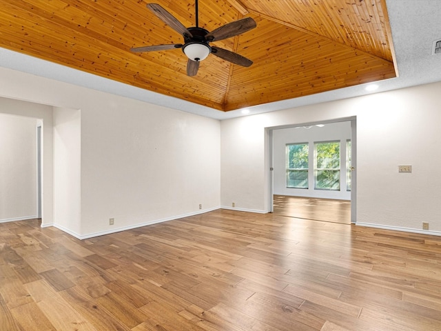 spare room featuring light wood-type flooring, wooden ceiling, and baseboards