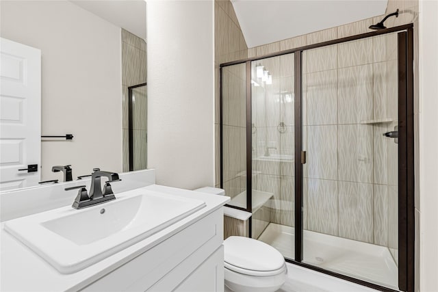 bathroom with toilet, a shower stall, and vanity