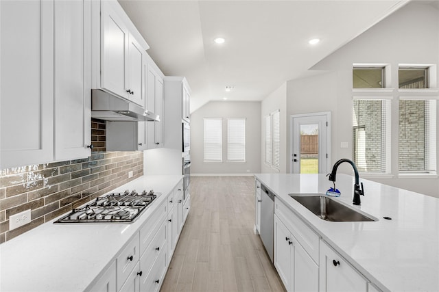 kitchen featuring stainless steel appliances, tasteful backsplash, white cabinetry, a sink, and under cabinet range hood