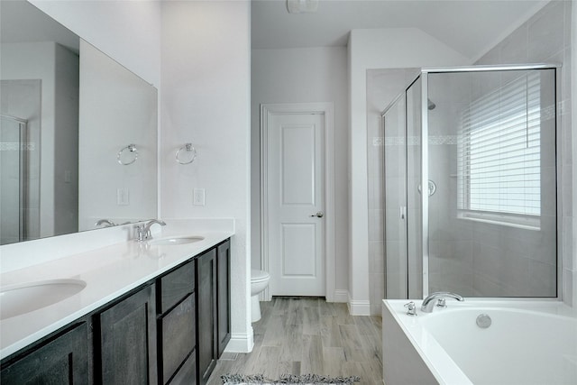 full bathroom featuring double vanity, a stall shower, a sink, and toilet