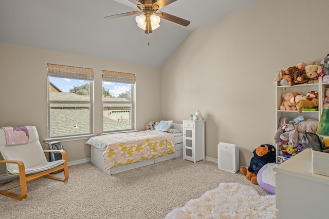 bedroom featuring lofted ceiling, ceiling fan, baseboards, and light colored carpet