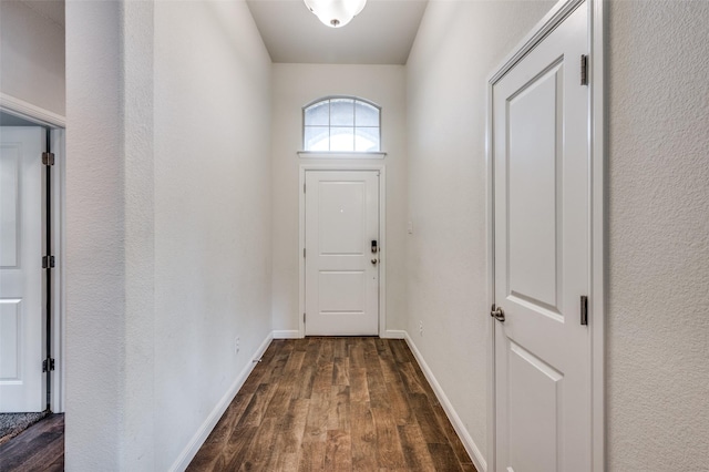 doorway to outside featuring dark wood-style flooring and baseboards