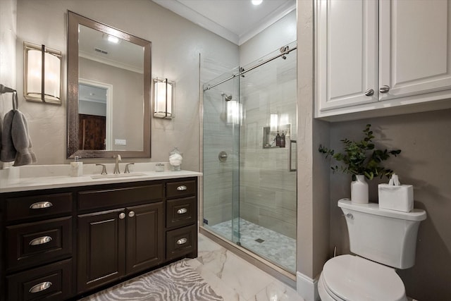 bathroom featuring marble finish floor, a shower stall, toilet, and crown molding