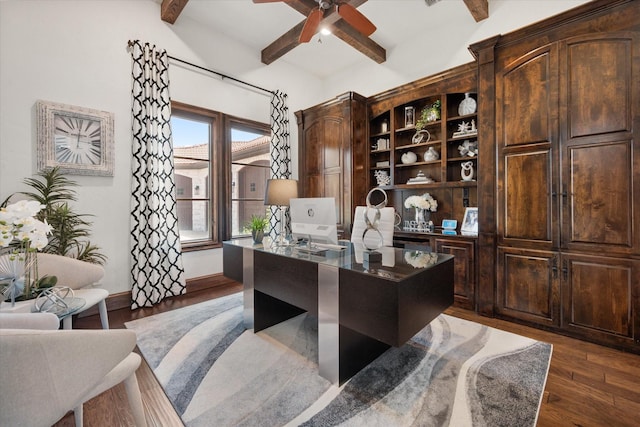 office space with ceiling fan, beam ceiling, baseboards, and dark wood-type flooring