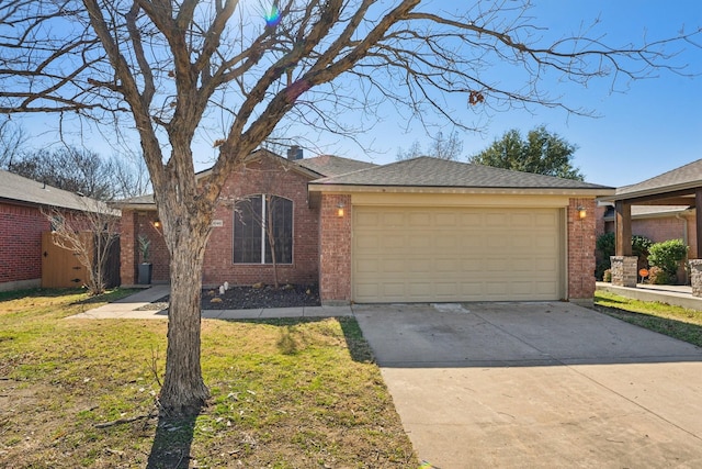 ranch-style home with a garage, brick siding, driveway, and a front lawn