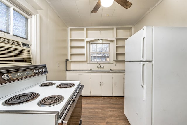 kitchen with white appliances, dark wood-type flooring, white cabinets, open shelves, and crown molding