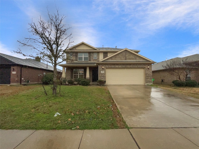 view of front of property featuring an attached garage, a front lawn, concrete driveway, and brick siding