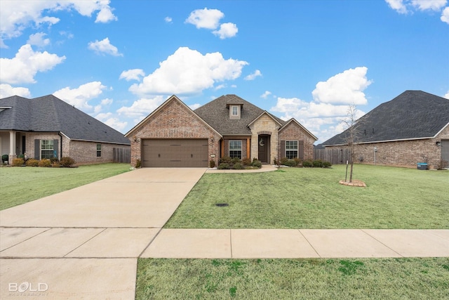 french country inspired facade with a garage, brick siding, a shingled roof, driveway, and a front yard