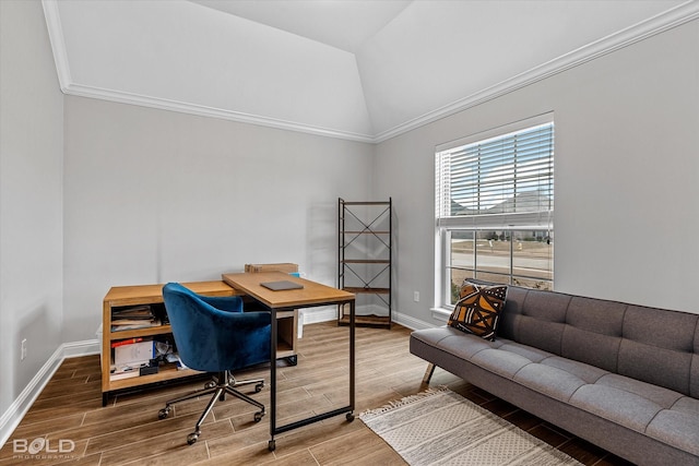 home office with crown molding, wood finish floors, lofted ceiling, and baseboards