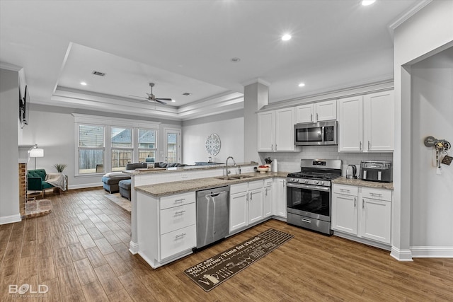 kitchen featuring appliances with stainless steel finishes, open floor plan, white cabinets, and a peninsula