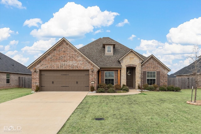 french country home featuring a garage, a front lawn, fence, and brick siding