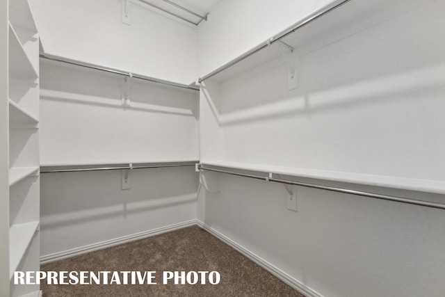 spacious closet featuring dark colored carpet