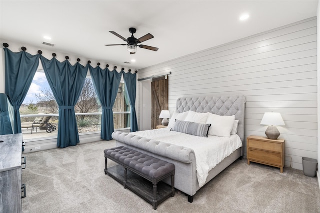 3200 W Fm 455, Celina, TX 75009 - bedroom with carpet, recessed lighting, visible vents, a barn door, and ceiling fan