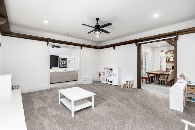 3200 W Fm 455, Celina, TX 75009 - living area with light carpet, baseboards, a ceiling fan, and recessed lighting