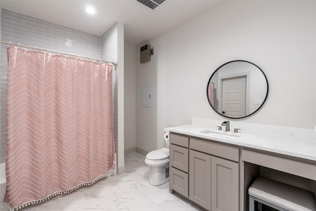 3200 W Fm 455, Celina, TX 75009 - full bath featuring visible vents, toilet, a shower with curtain, marble finish floor, and vanity