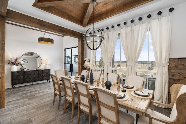 dining space featuring wood ceiling, wood finished floors, beamed ceiling, a tray ceiling, and a notable chandelier