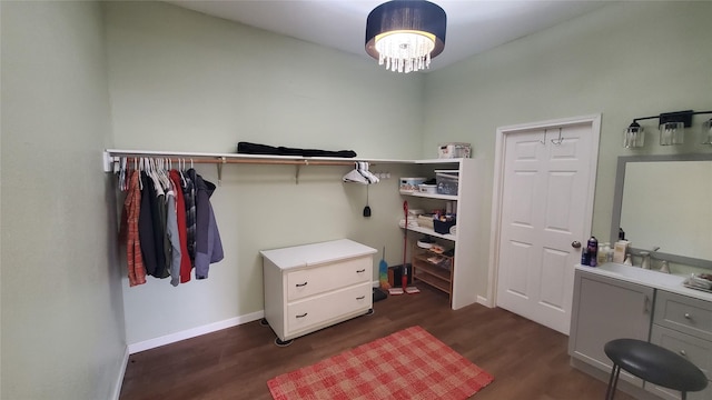 walk in closet with dark wood finished floors