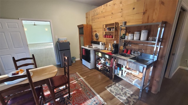 kitchen with white range with electric stovetop, dark wood-style flooring, freestanding refrigerator, and baseboards