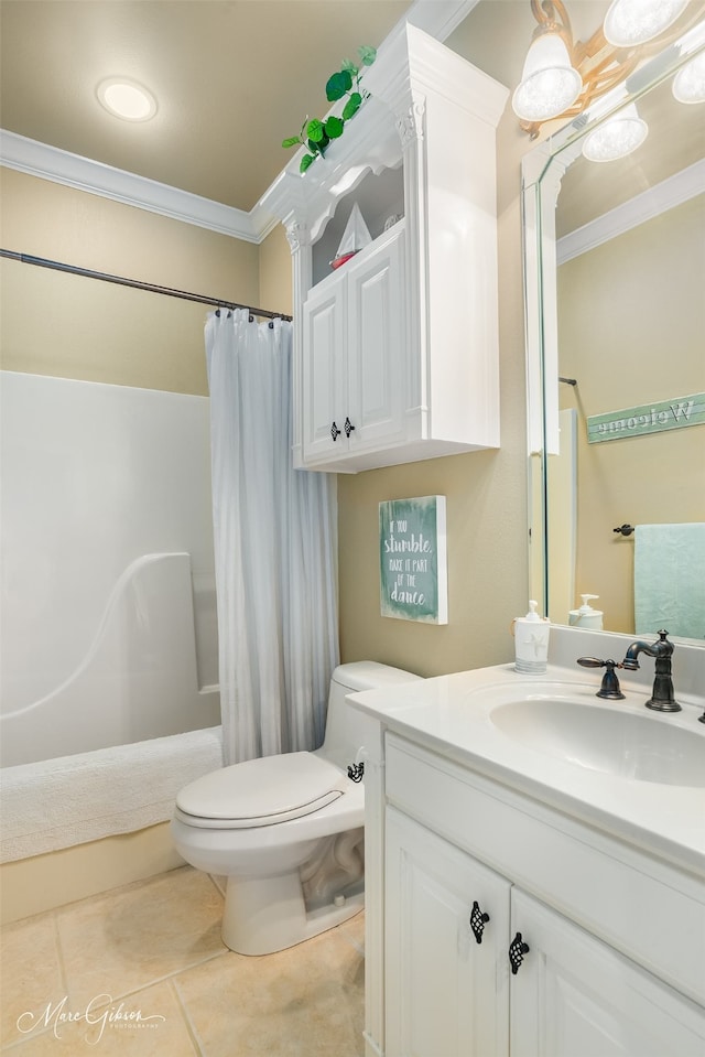 bathroom with tile patterned flooring, toilet, shower / tub combo, vanity, and crown molding