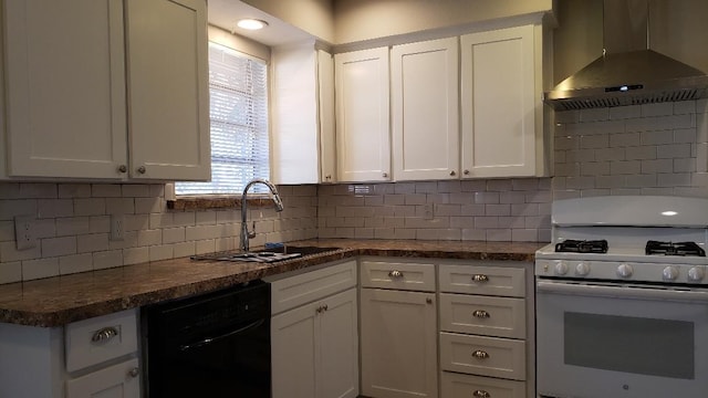 3304 Avon Dr, Denton, TX 76209 - kitchen featuring white range with gas cooktop, wall chimney range hood, black dishwasher, a sink, and white cabinetry