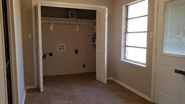 3304 Avon Dr, Denton, TX 76209 - laundry room featuring hookup for an electric dryer, washer hookup, dark tile patterned floors, and baseboards