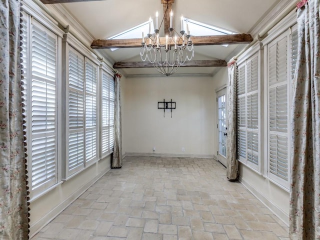 unfurnished dining area with a chandelier, plenty of natural light, lofted ceiling with beams, and baseboards