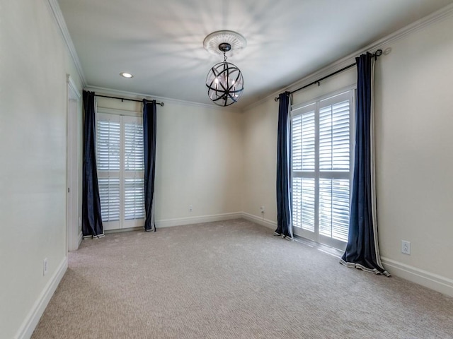 unfurnished room with baseboards, light colored carpet, crown molding, a chandelier, and recessed lighting