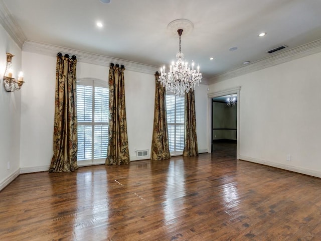 unfurnished room featuring an inviting chandelier, visible vents, and dark wood-style flooring