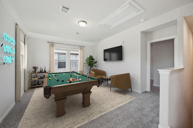 game room featuring carpet floors, pool table, visible vents, and baseboards