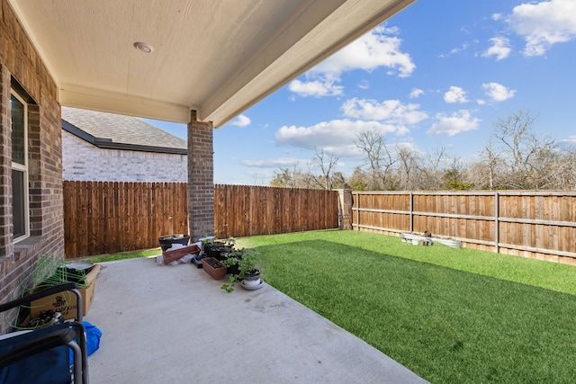 view of yard featuring a patio and a fenced backyard