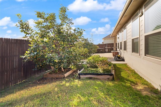 view of yard featuring a patio, a fenced backyard, and a vegetable garden