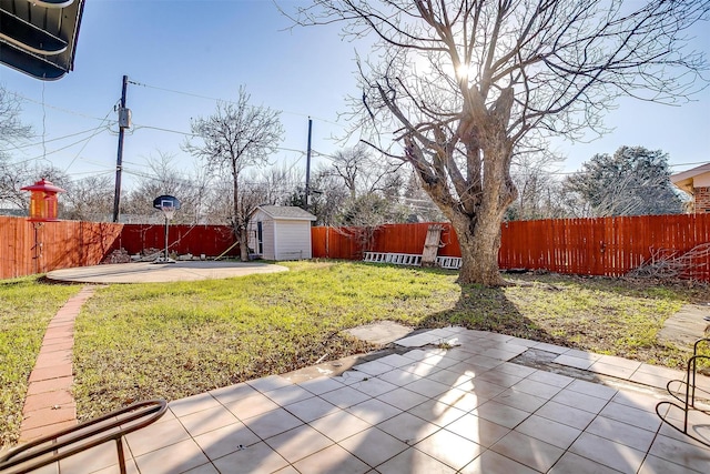 view of yard with a patio area, an outdoor structure, a fenced backyard, and a storage unit