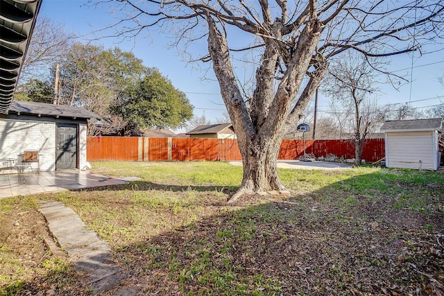 view of yard with a storage shed, a fenced backyard, an outdoor structure, and a patio